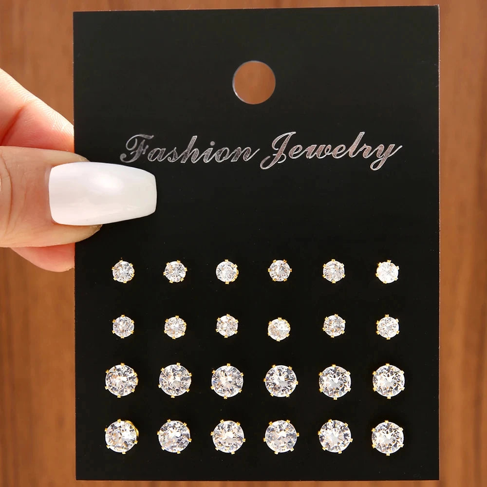 12 Pair/Lot White Shiny Wedding Stud Earrings Set For Women Men Crystal Jewelry Accessories Oorbellen Jewelry Earrings