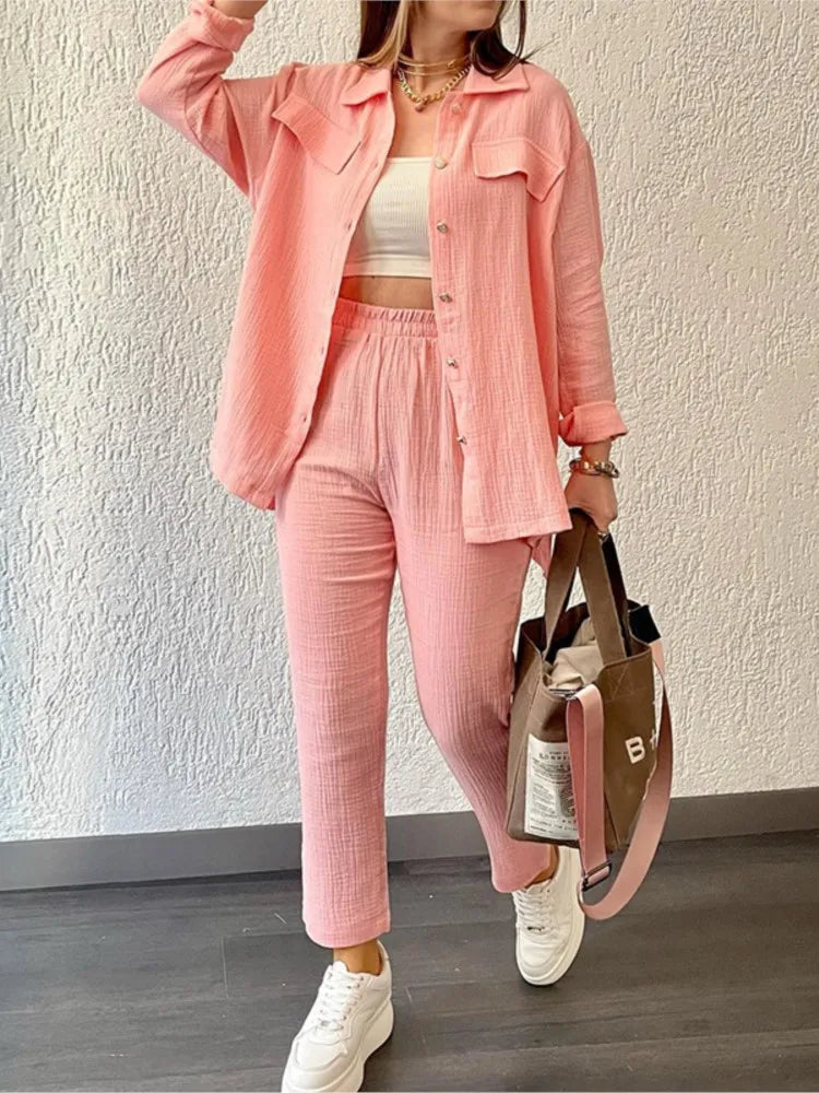 Women's Clothing 2024 Autumn New Item Double-layer Crepe Loose Oversized Lapel Long Sleeved Shirt Casual Long Pants Shirt Set