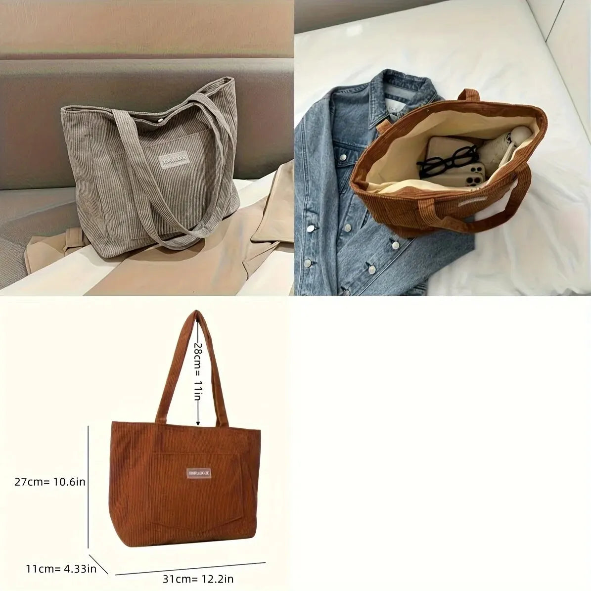 Large Capacity Shoulder Bag Trendy Corduroy Tote Bag Solid Color Ladies Handbag With Front Pocket