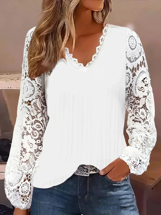 Plus Size 1XL-5XL Women's Fashion Ladies Casual Lantern  Loose Blouse Contrast Long Sleeve Guipure Lace Shirt