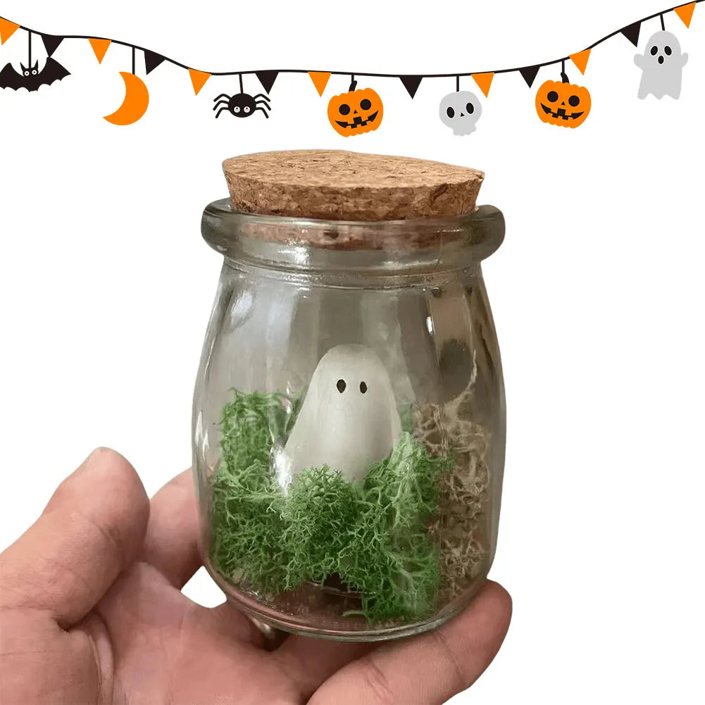 Halloween Decorations Charming Mini Cute Ghost In Jar with Moss Glow-In-The-Dark Pet Ghosts Figurine for Home Party Decor 2024