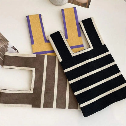 1pcs Reusable Casual Shopping Stripe Knit Tote Bag