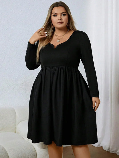 Plus Size 1XL-5XL Women's V Neck Long Sleeved Casual Neckline Notched Solid Color Unprinted Fashion Dress