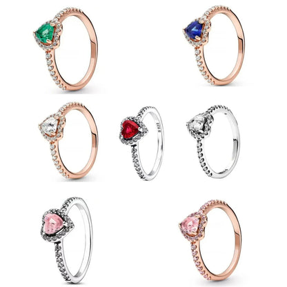 925 Silver Elevated Red Pink White Blue Green Heart Rose Gold Ring Rings Fro Women Zircon Design Original Sparking Zircon Rings