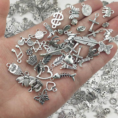 50Pcs Metal Alloy Silvery Charms Pendant Beads For DIY Handmade Bracelets Neacklaces Jewelry Accessories Assorted Varieties