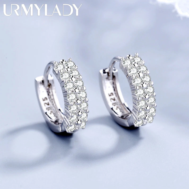 URMYLADY 925 Sterling silver needle Earrings Fashion High Quality Jewelry Double Row Crystal Zircon Round Stud