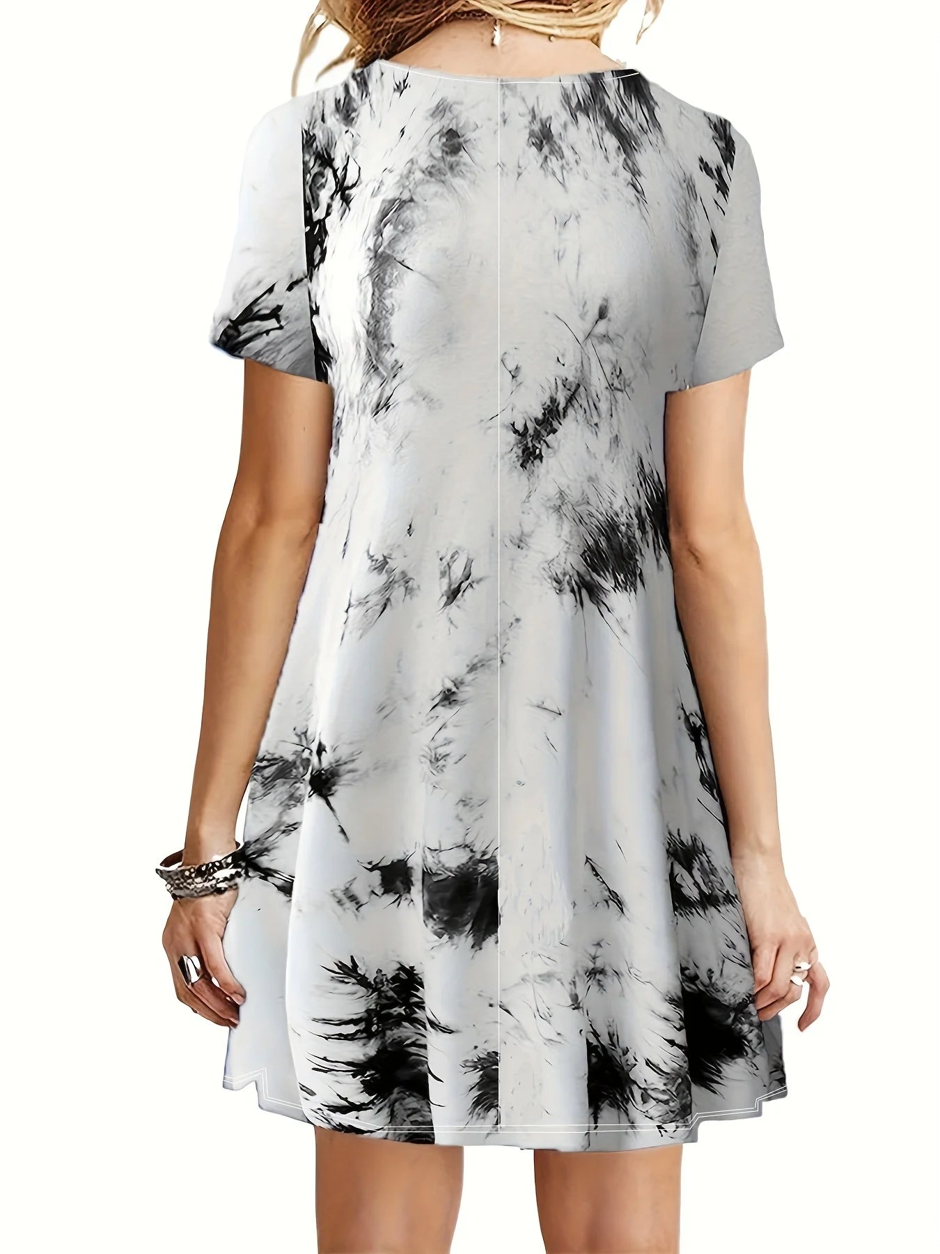 Plus Size Casual Dress, Women's Plus Tie Dye Short Sleeve Round Neck Slim Fit Dress