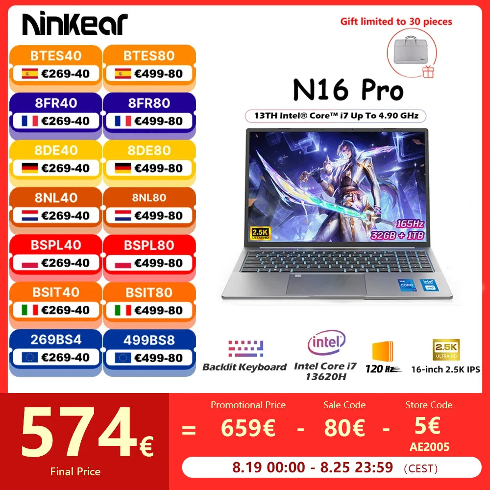 Ninkear N16 Pro Laptop Intel Core i7-13620H WiFi 6 2.5K 165Hz 32GB DDR4+1TB SSD Windows 11 Gaming Laptop Computer Notebook