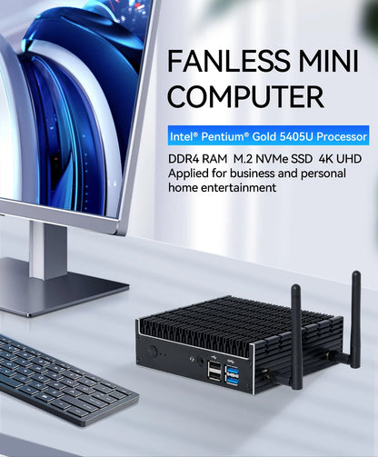 Mini PC Fanless Industrial Computer Intel Pentium 5405U DDR4 M.2 NVME SSD 4K UHD WiFi Bluetooth WIndows 11 Linux Barebone