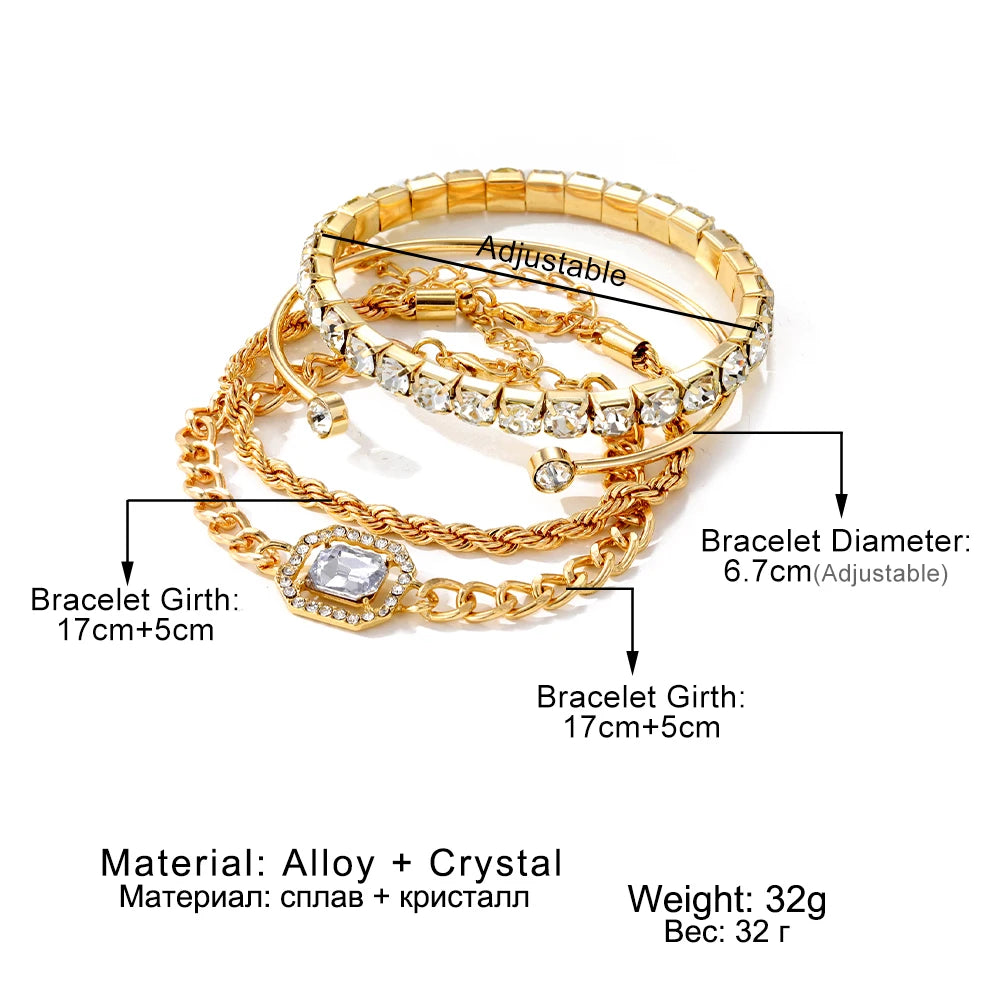 IPARAM 4 Piece Set Luxurious Bracelets for Women Crystal Shiny Adjustable Opening Chain Bracelets Punk Bangle Fashion Jewelry