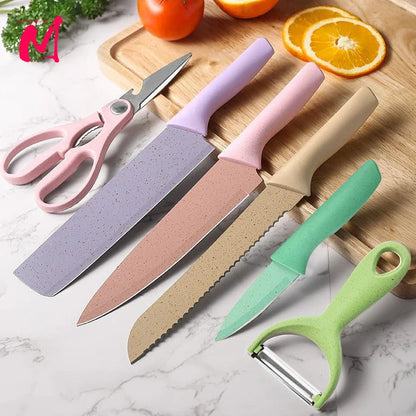 Kitchen Knives Set Professional Chef Knives Bread Knife Scissors Vegetables Fruit Peeler Macaron Colourful Cooking Tool with Box