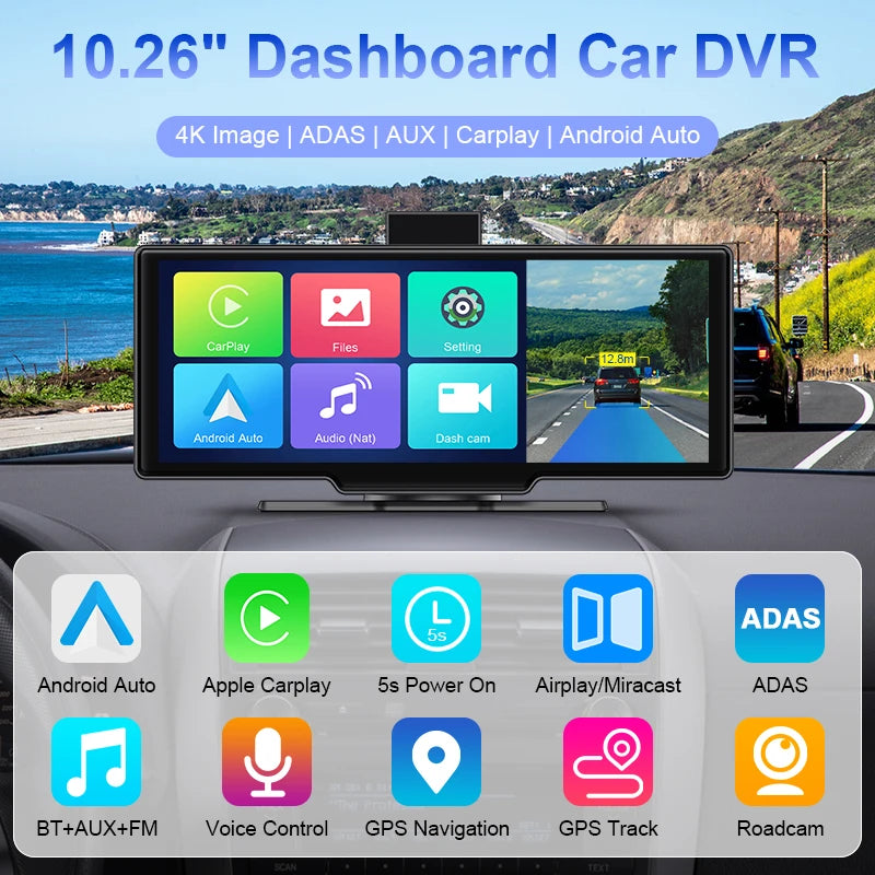 JMCQ 10.26" 4K ADAS DVR Wireless Carplay & Android Auto Car Display Smart Portable Car Multimedia Head Unit USB AUX Mirror LINK