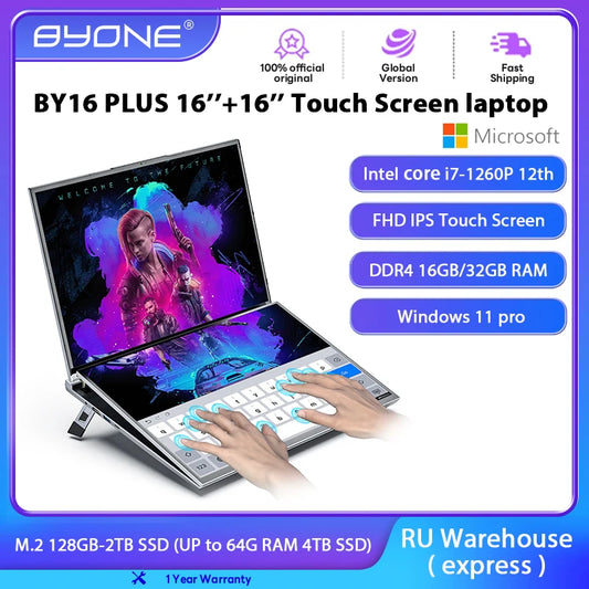 BYONE BY16 PLUS Core I7 Laptop Dual Screen Touch Laptops DDR4 16GB 32GB RAM 2TB SSD Windows 11 Notebook Travel Office Gaming