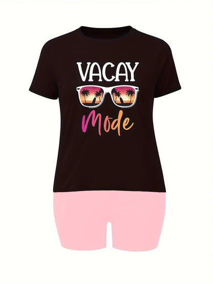 Plus Size Womens Tropical Vacation Ready Loungewear Set - Soft Medium Stretch Polyester Crew Neck T-Shirt with VACAY Mode Print