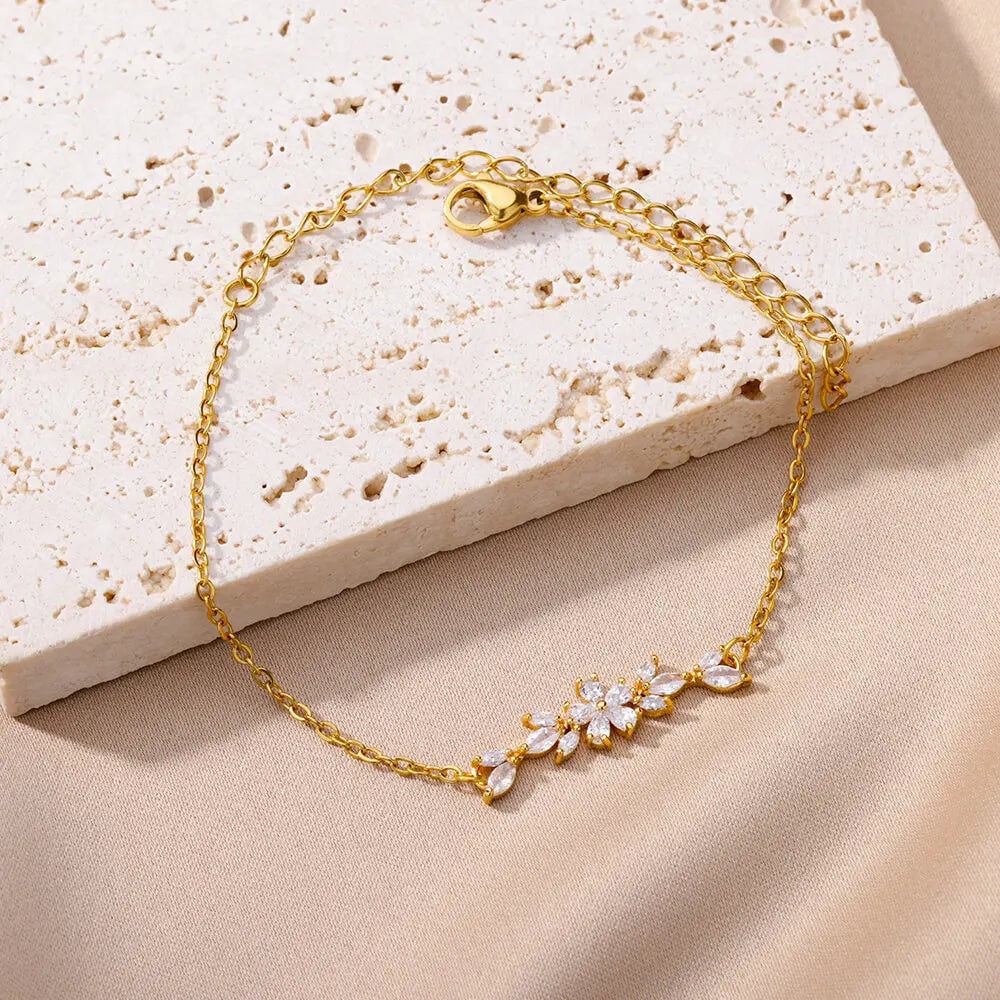 Elegant Zircon Flowers Bracelet For Women Girls Charm Gold Color Stainless Steel Plant Bracelets Luxury Designer Jewelry Gifts