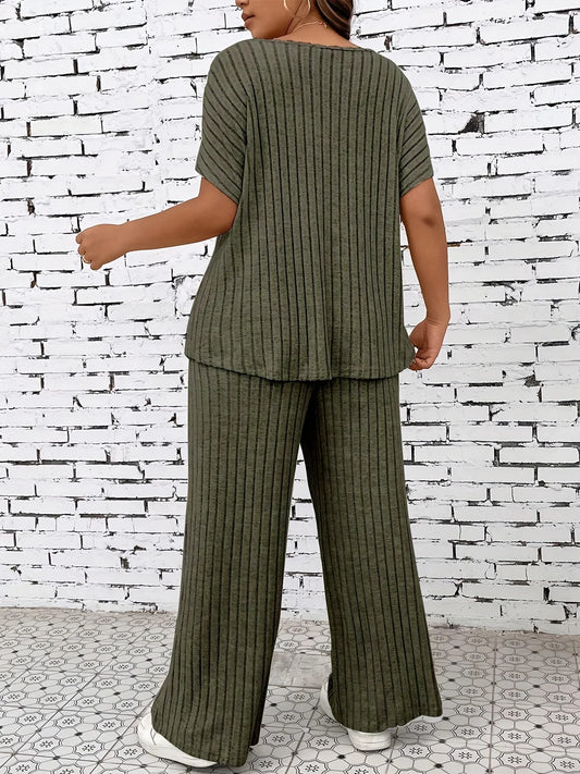 Plus Size Women’s Casual Two-Piece Outfit Striped Top and Wide-Leg Pants Set Comfortable Lounge Wear