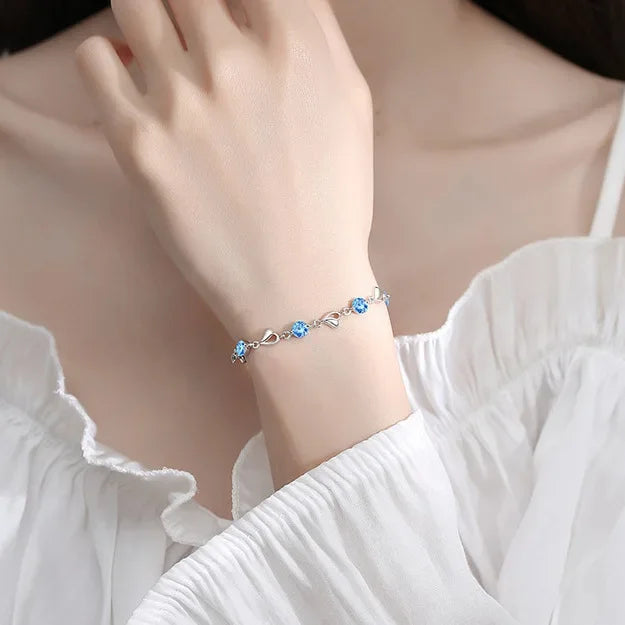 925 Sterling Silver Heart Shaped Bracelet For Women Retro Korean Versatile Blue Crystal Charm Bracelets Original Party Jewelry