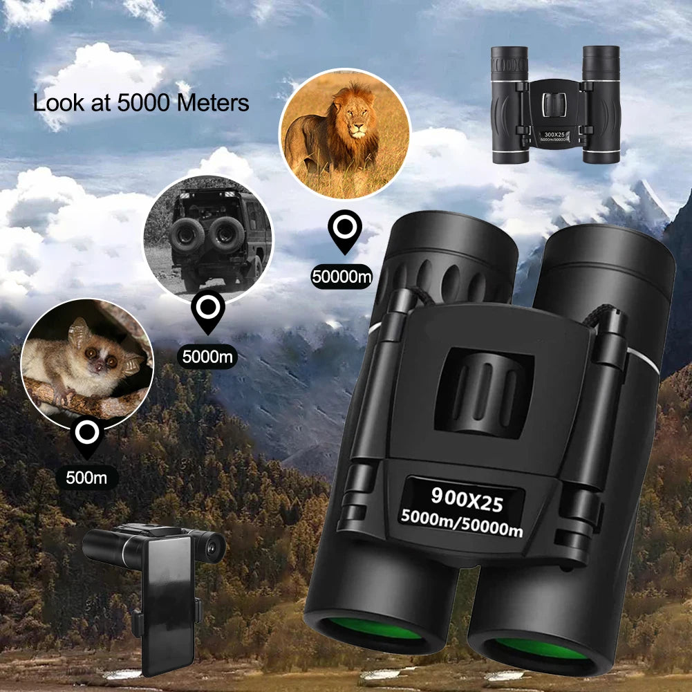 900x25 HD Zoom Portable Powerful Binoculars Long Range BAK4 Telescope Jumelles Folding Low Light Binoculars for Hunting Camping