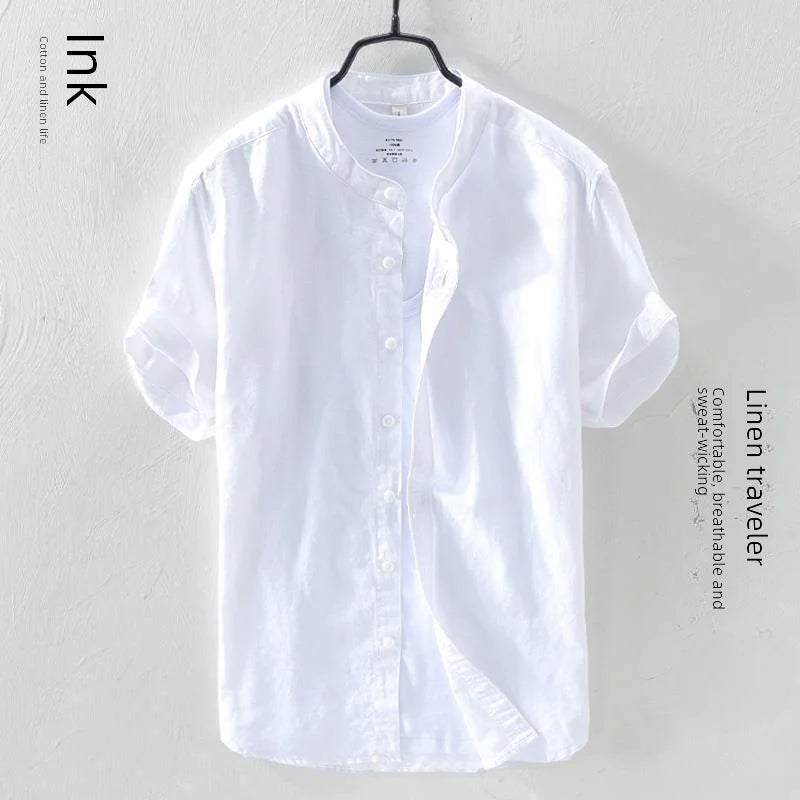 Men Linen Short Sleeve Shirt Summer Casual Cotton Linen Clothing Loose Style Youth Summer Top Adult Size Available