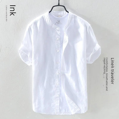 Men Linen Short Sleeve Shirt Summer Casual Cotton Linen Clothing Loose Style Youth Summer Top Adult Size Available