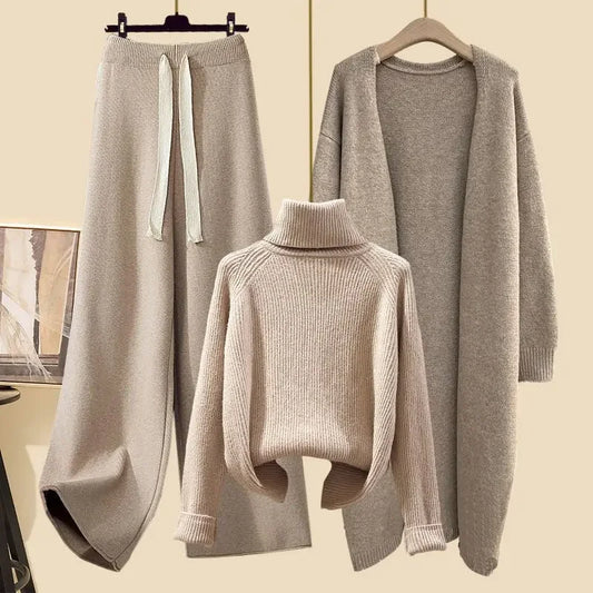 Plus Size Women's Winter Cardigan Jacket Polo/turtle Neck Sweater Bell Bottoms Three-piece Set New Style Long Length