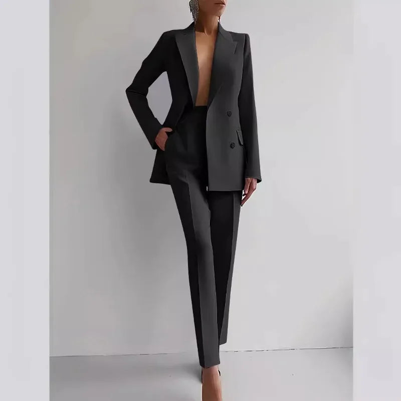 Women New 2pcs Clothes Set Solid Color Long Sleeve Blazer Jacket High Waist Long Pants Clothing Suit Summer Fashion Office