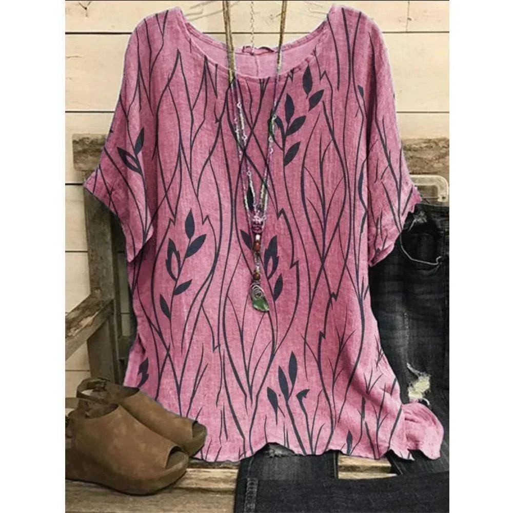 Plus Size 1XL-8XL Women Casual Loose Leaves Print Blouse T-shirt Ladies Fashion Vintage Blouse Unique Half Sleeves Top Shirts