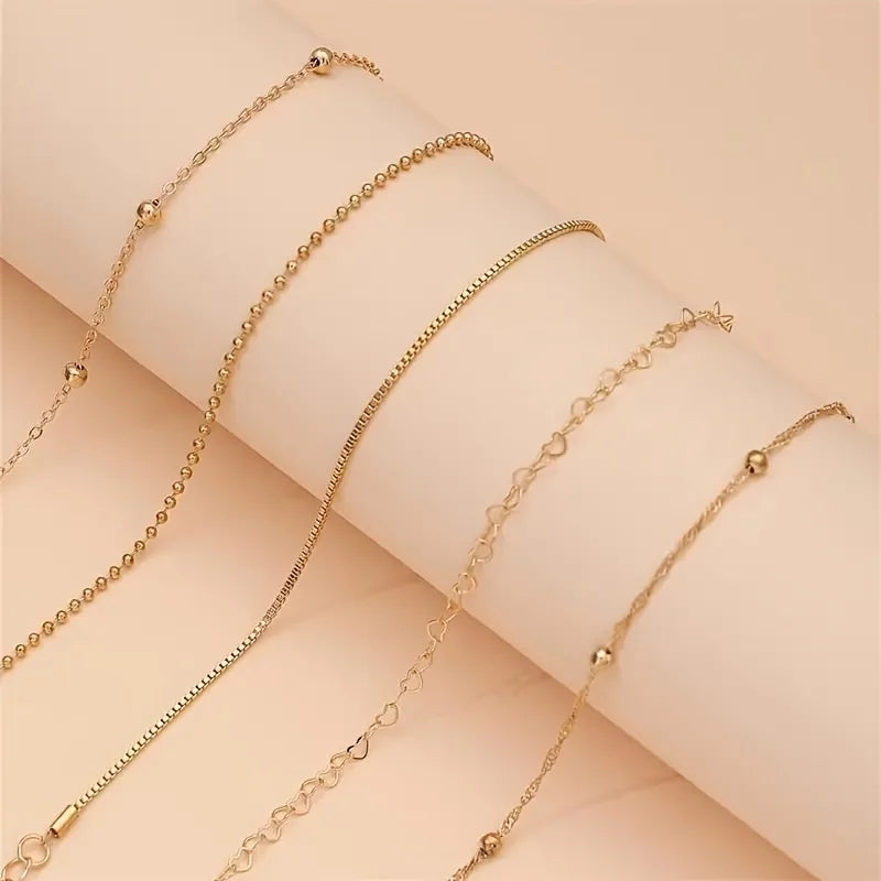 5 Pcs Set Of Tiny Golden Chain Design Bracelet Zinc Alloy Jewelry Elegant Leisure Style For Women Daily Stackable Hand Chain