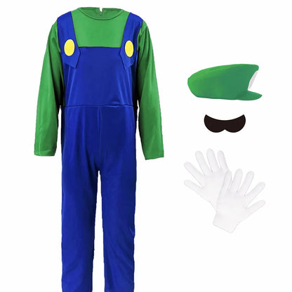 Game Boys Plumber Bros Cosplay Costumes Funny Halloween Carnival Outfits for Kids Adult Fancy Jumpsuit with Hat Mustache Gloves