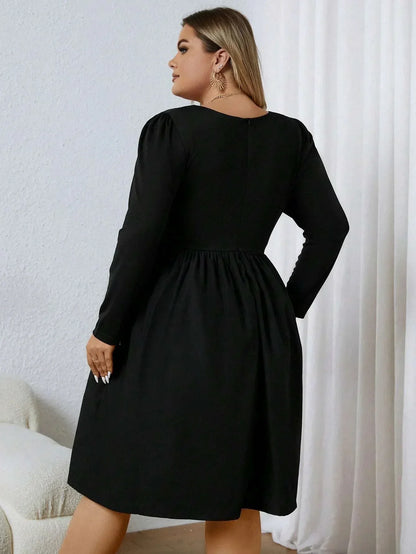 Plus Size 1XL-5XL Women's V Neck Long Sleeved Casual Neckline Notched Solid Color Unprinted Fashion Dress