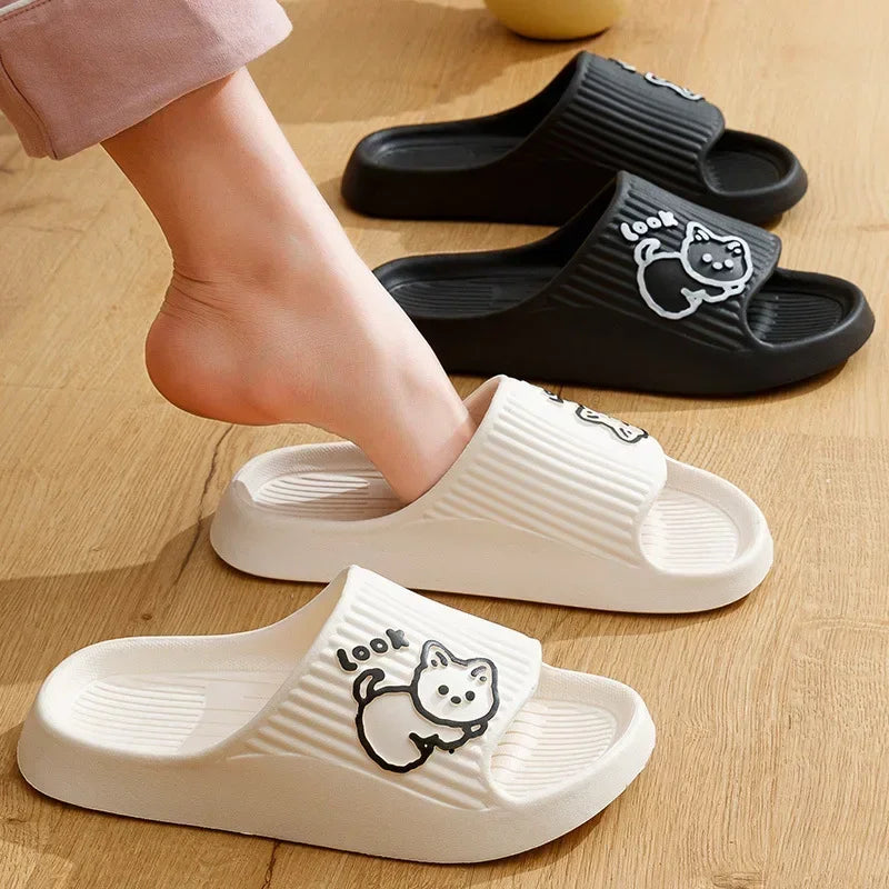 2024 Summer Women Slippers Bath Thick Platform Non-Slip Home Cat Cartoon Flip Flops Beach Sandals Ladies Slides Indoor Outdoor