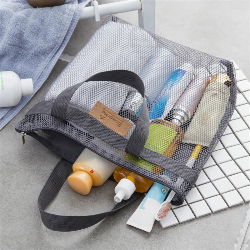 Women Mesh Travel Storage Shower Bag Beach Toilet Bag Cosmetic Bag Handbag Mesh Bag Toiletries Organizer Portable Storage Bag