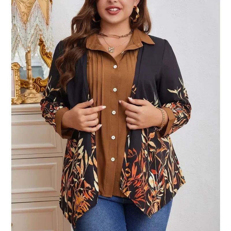 Plus Size 1XL-5XL Women's Casual Colorblock Leaf Print Button Up Shirt Ladies Fashion Long Sleeve Turn Down Collar Blouse