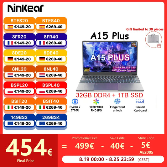 Ninkear A15 Plus Gaming Laptop 15.6" IPS FHD AMD Ryzen™ 7 5700U Notebook 32G DDR4 3200Mhz+1TB PCI-E 57WH Windows 11 Computer