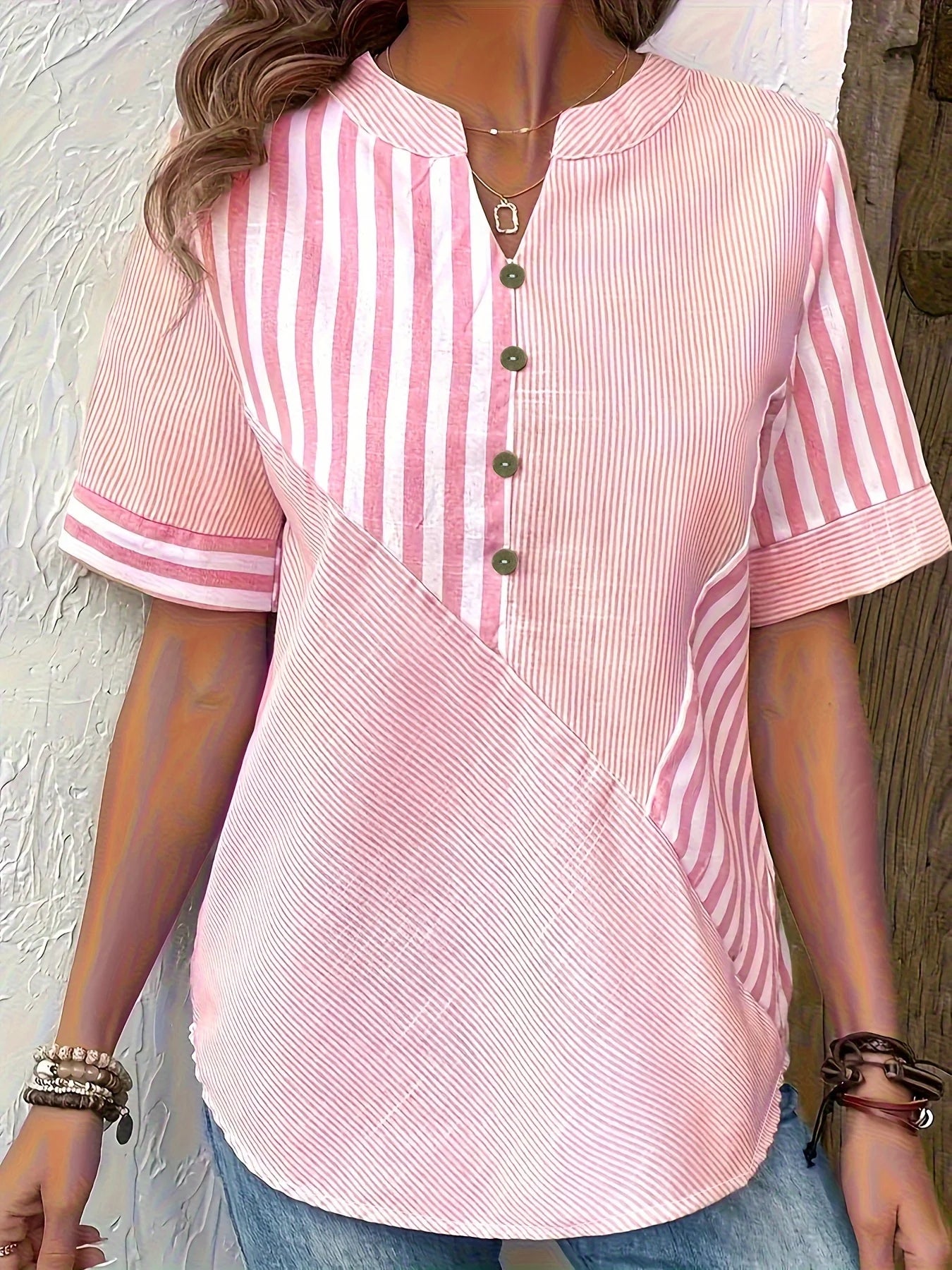 Plus Size Casual Blouse, Women's Plus Stripe Print Long Sleeve Button Up Lapel Collar Shirt Top