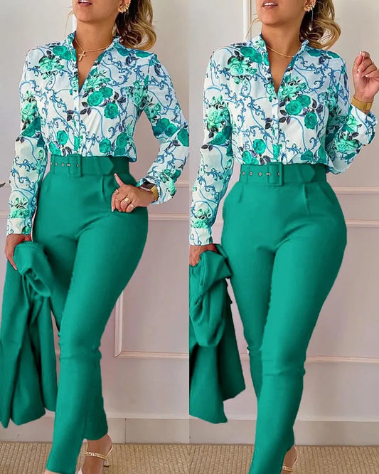 elegant print shirt and pants two piece sets women 2023 spring autumn fashion long sleeve shirts high waist pant casual suits