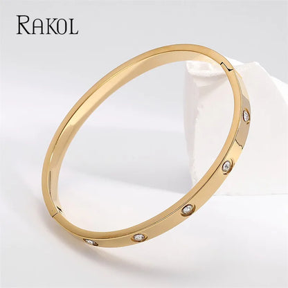 RAKOL Beautiful Lovers Cubic Zirconia Bracelets Fashion Golden Stainless Steel Bangles for Women Luxury Jewelry Gifts