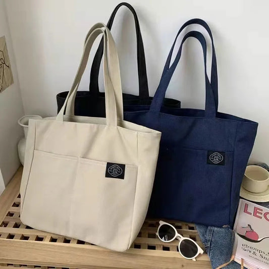 Women Canvas Tote Bag Solid Color Designer Ladies Casual Handbag Shoulder Bag Large Capacity Cotton Reusable Shopping Beach Bags