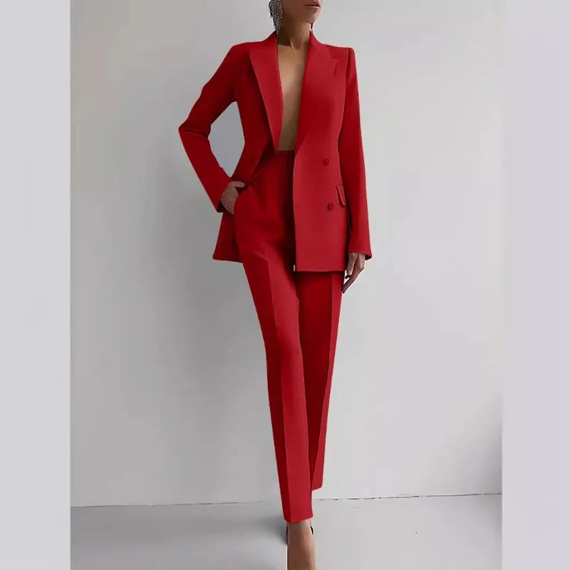 Women New 2pcs Clothes Set Solid Color Long Sleeve Blazer Jacket High Waist Long Pants Clothing Suit Summer Fashion Office