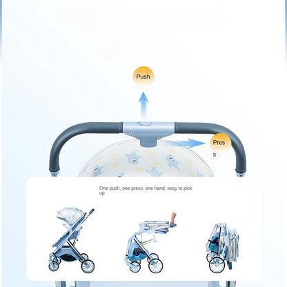 NEW 2024 Baby Stroller Can Sit or Lie Down Folding Four Wheels Cart High View Shock Absorption Newborn Baby Stroller Blue