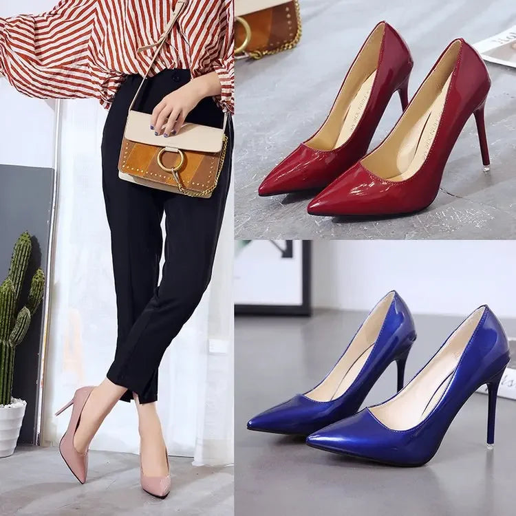 HOT Plus Size 34-44 HOT Women Shoes Pointed Toe Pumps Patent Leather Dress High Heels Boat Shoes Wedding Shoes Zapatos Mujerd76