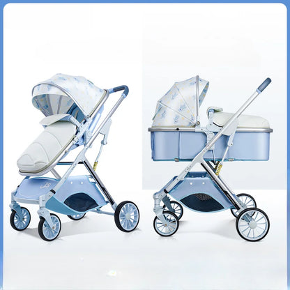 NEW 2024 Baby Stroller Can Sit or Lie Down Folding Four Wheels Cart High View Shock Absorption Newborn Baby Stroller Blue