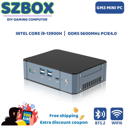 SZBOX GM3 mini pc intel i9 processor i9-13900H RAM 16GB DDR5 5600Mhz 512G SSD NVME PCie4.0 WIFI6 BT5.2 Win11 DIY gaming computer