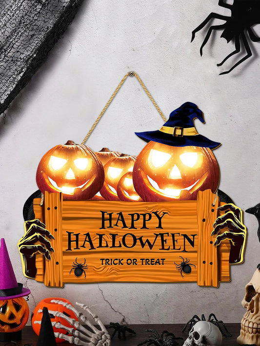 Happy Halloween Wooden Sign, Pumpkin With Hat Wooden Sign, Suitable For Home, Wall, Room,Cafe, Shop, Party, Holiday Decoration