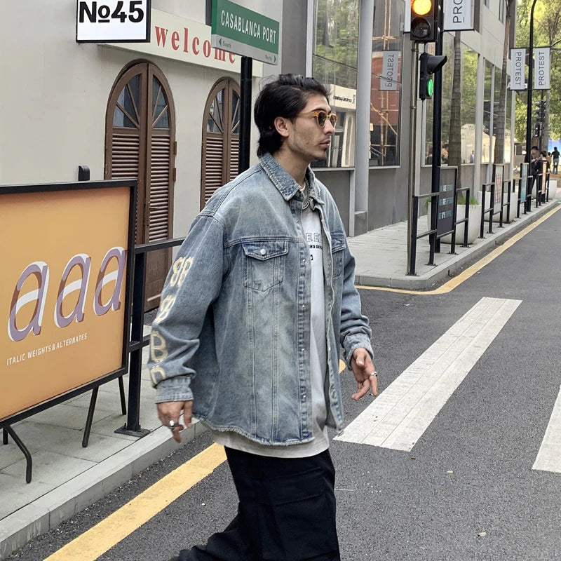 Street shooting personality American retro printing denim jacket men tide ins casual baseball uniform tide brand men's clothing