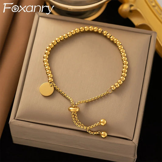 Foxanry 316L Stainless Steel Beaded Pull Bracelets For Women Couples Fashion Simple Classic Non-fading Anniversary Jewelry Gifts