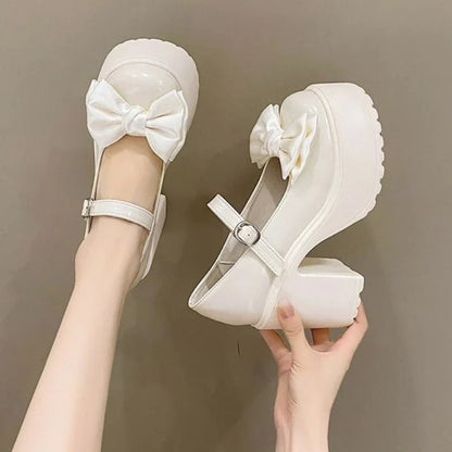 Summer/Autumn Fashion New Solid Color Bow Banquet Elegant Thick-soled Buckle Round-toe Wear-resistant Women's High Heels