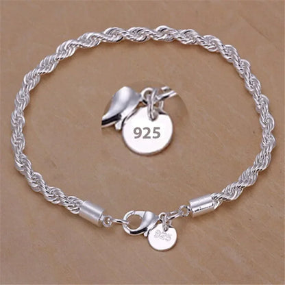 925 Sterling Silver 4MM Twisted Rope Bracelets For Women Men Fashion Minimalist Couple Chain Bracelet Male Silver Jewelry Gifts