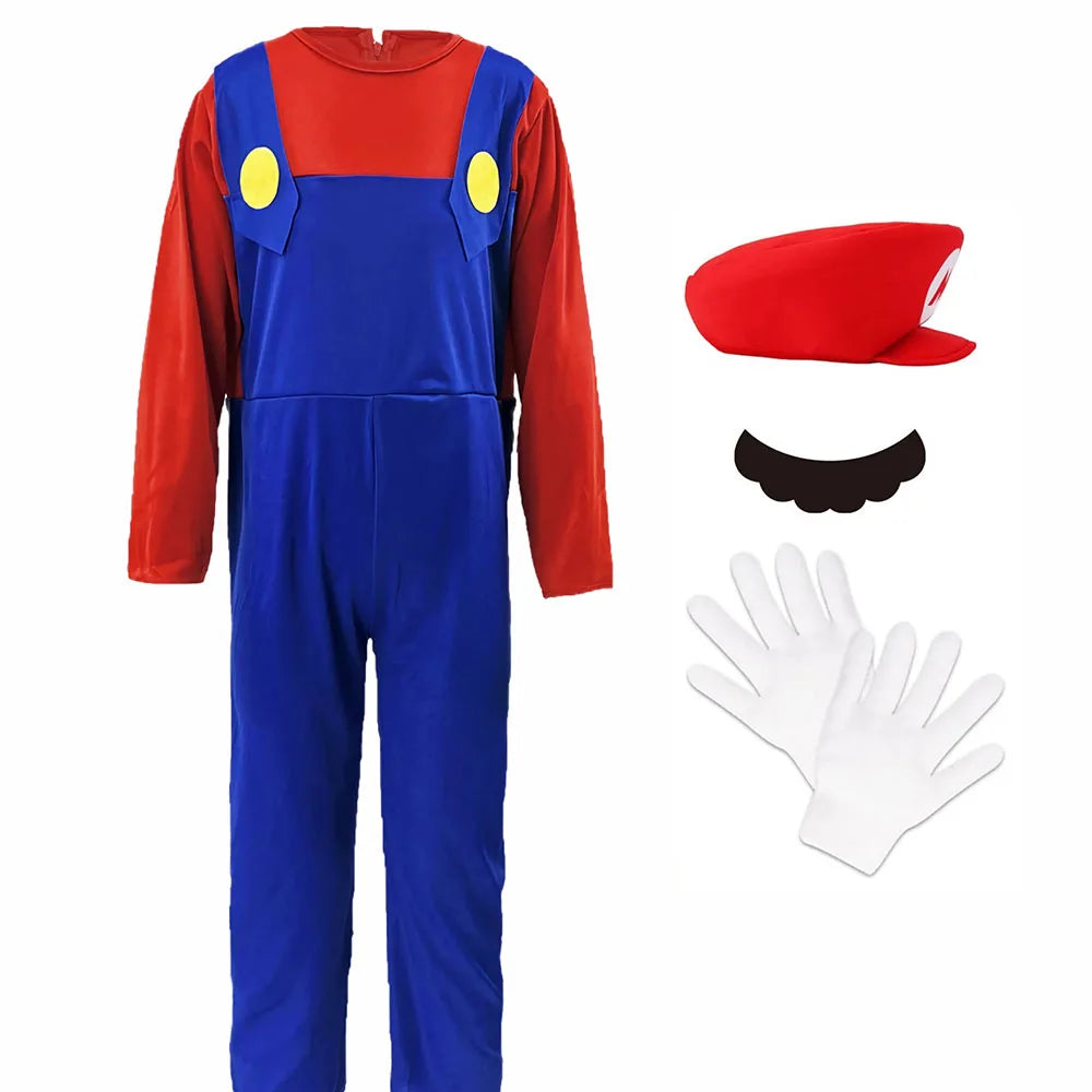 Game Boys Plumber Bros Cosplay Costumes Funny Halloween Carnival Outfits for Kids Adult Fancy Jumpsuit with Hat Mustache Gloves