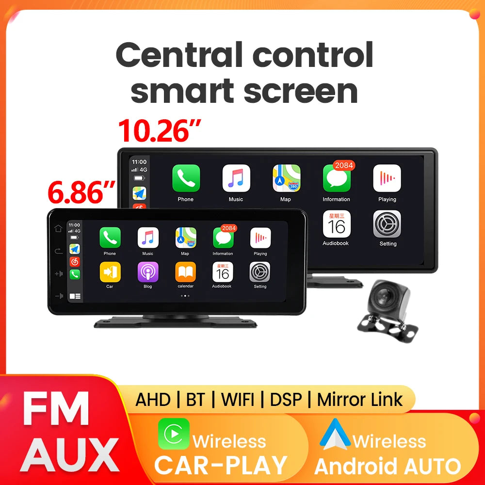 10.26" Car Monitor Wireless CarPlay Android-Auto Screen DSP WIFI Multimedia Video Player AHD Camera FM AUX Navigation Dashboard